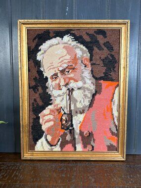 Vintage Framed Needlepoint Portrait of an Eldery Man, Embroidery Folk Art